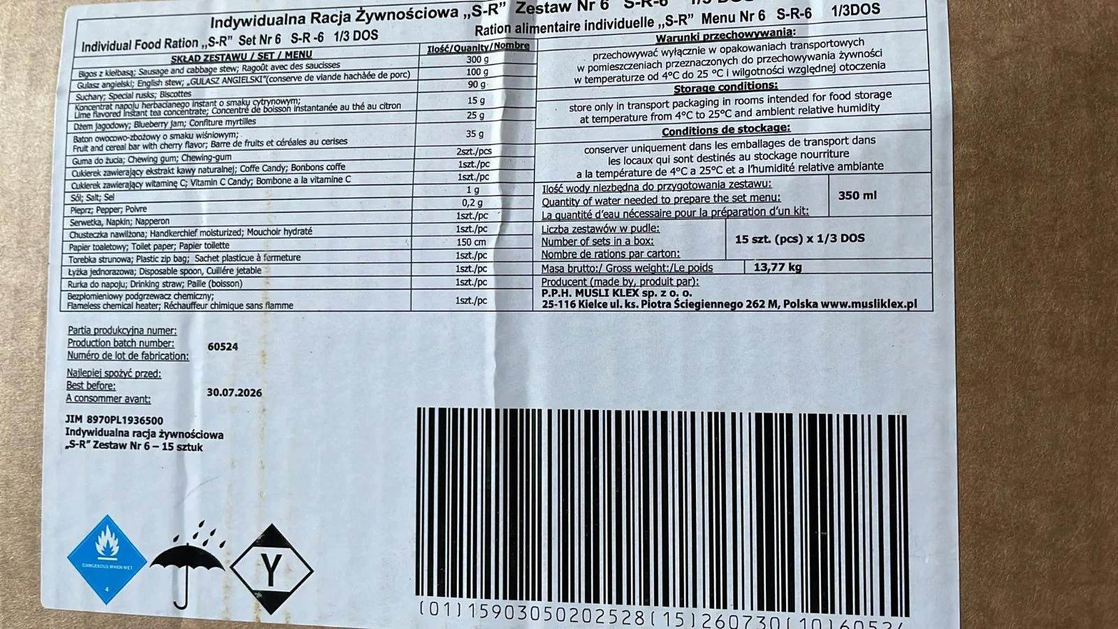 Indywidualna Racja żywnościowa Polska S-R, różne zestawy