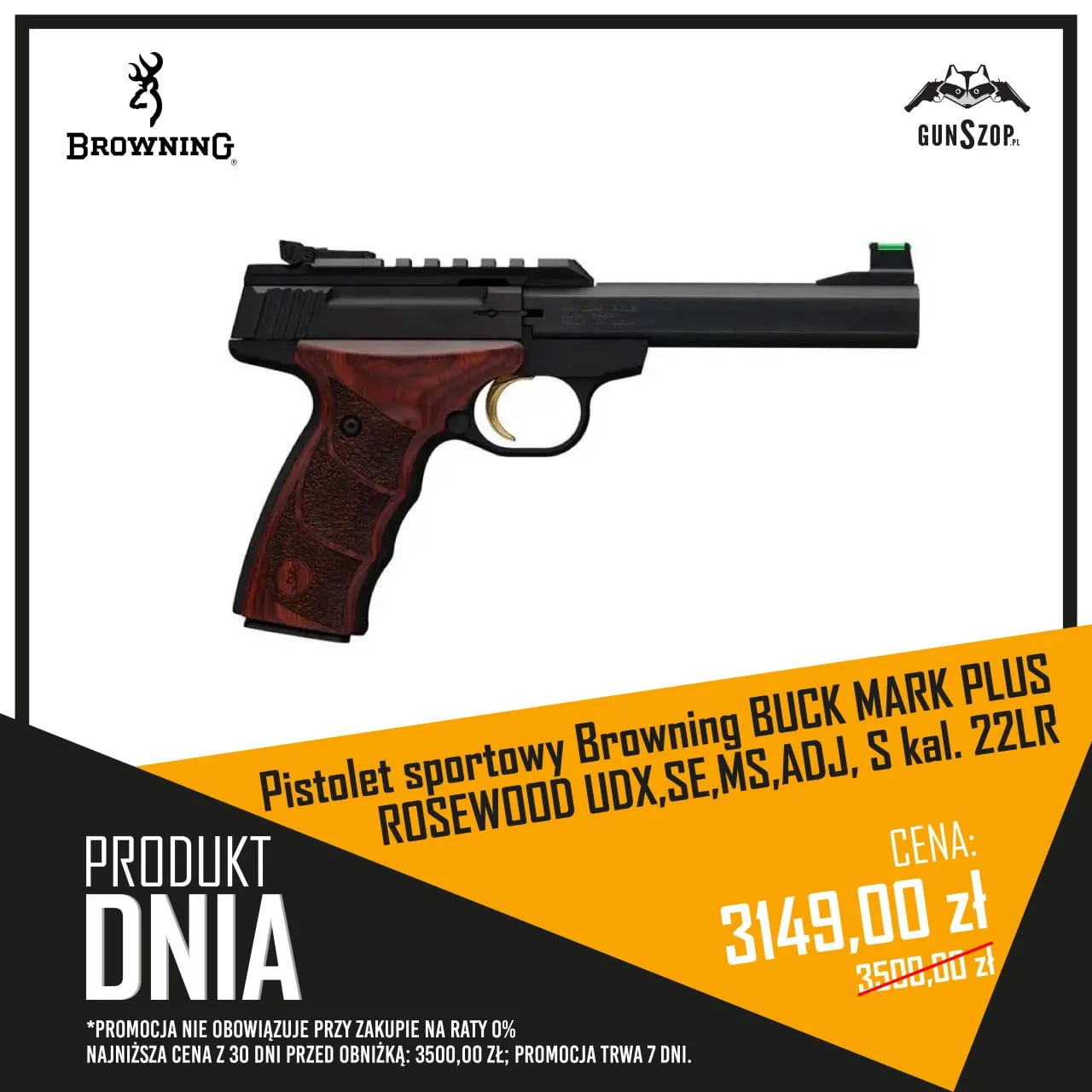 Pistolet sportowy Browning BUCK MARK PLUS ROSEWOOD UDX,SE,MS,ADJ, S kal. 22LR