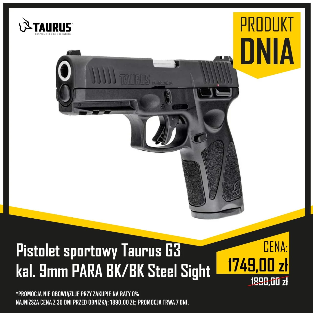 Pistolet sportowy Taurus G3 kal. 9mm PARA BK/BK Steel Sight
