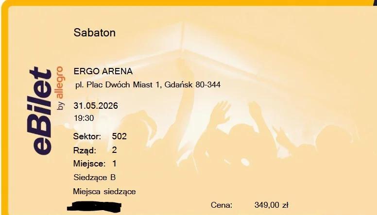 Dwa bilety na Sabaton - Gdańsk 31.05.2026