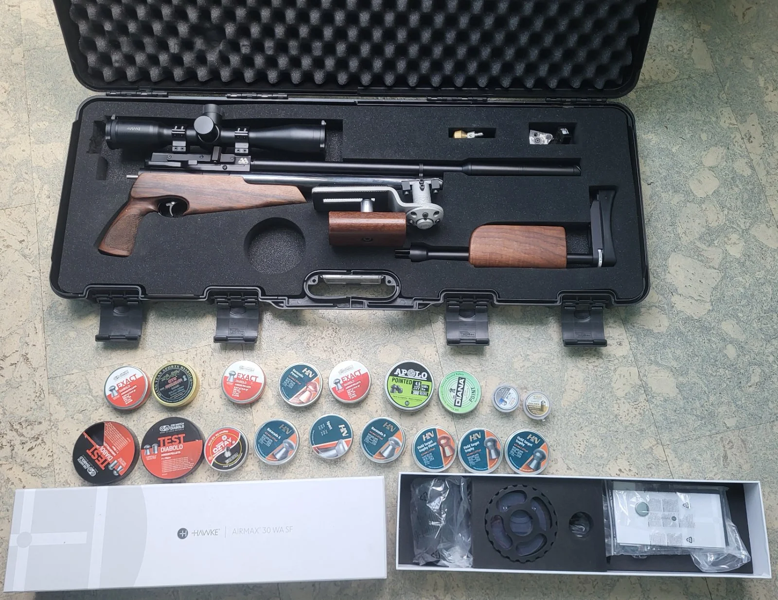 Air Arms S510R TDR luneta Hawke Airmax 30 10x dużo śrutu walizka palmrest Anschutz