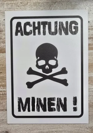 Tabliczka ostrzegawcza ACHTUNG MINEN, PCV, 3mm,biała, 15x20cm