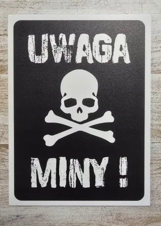 Tabliczka ostrzegawcza UWAGA MINY! PCV, CZARNA, 3mm, 15x20cm