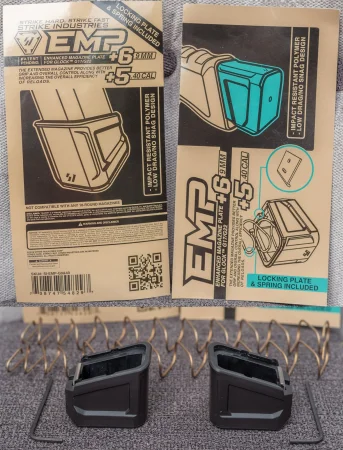 dwie stopki ze sprężynami "plus 6" od Strike Industries do magazynków glock 17 nb