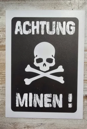 Tabliczka ostrzegawcza ACHTUNG MINEN, PCV, 3mm,czarna 20x30cm
