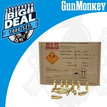 1000 szt! Amunicja pistoletowa ALS kal. 9x19mm 8g/124gr FMJ PF130 Elaborowana